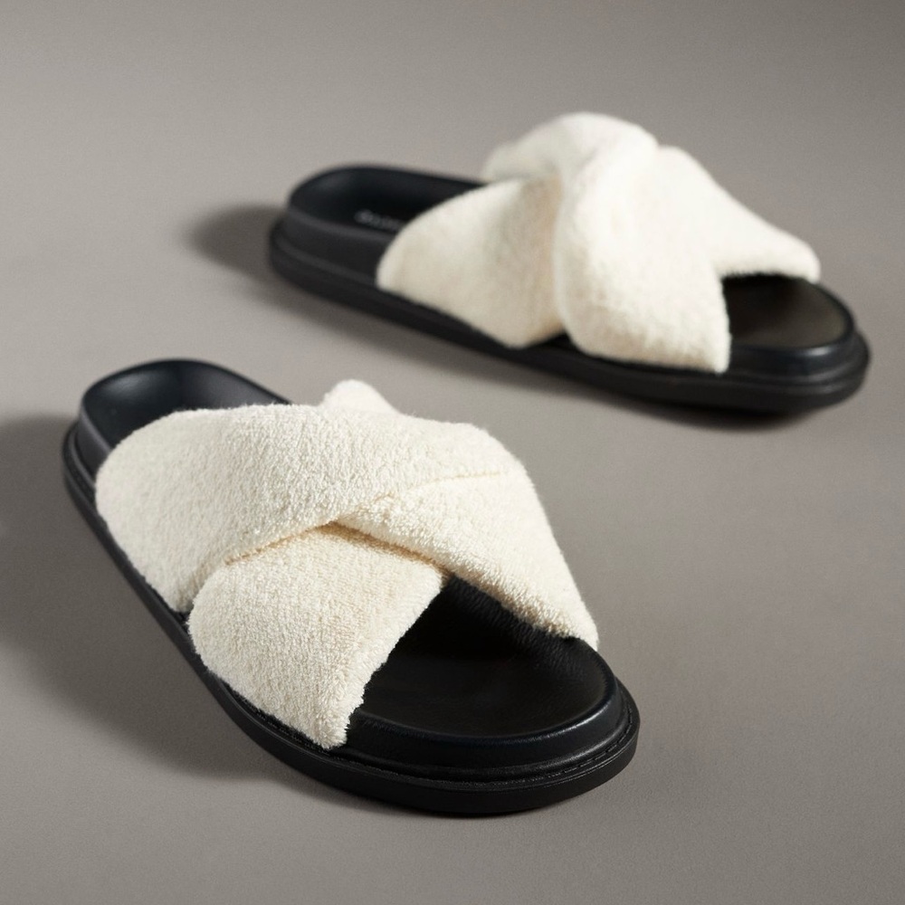 Anthropologie Maeve Black & White Ivory Slip-On Terry Slides Sandals Loungewear